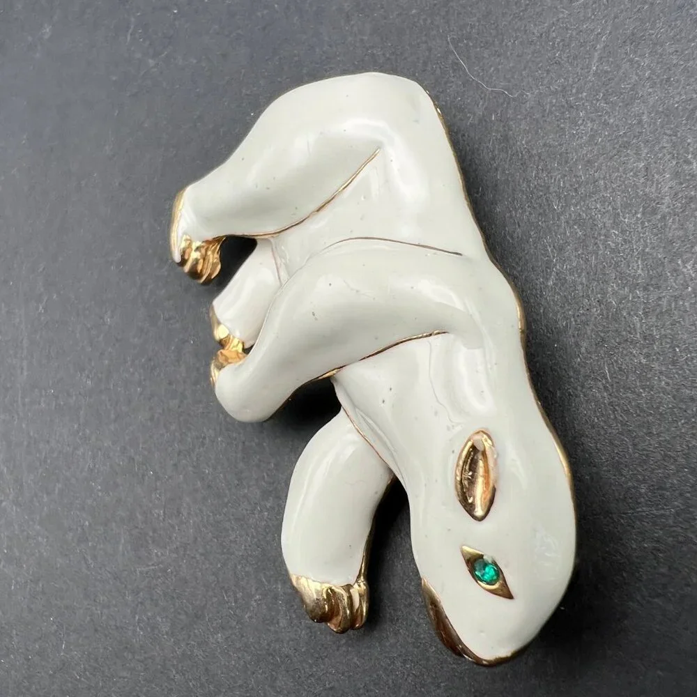 Vintage Enamel Bear Brooch Gold Tone Accents Green Crystal Eye‎ Pin